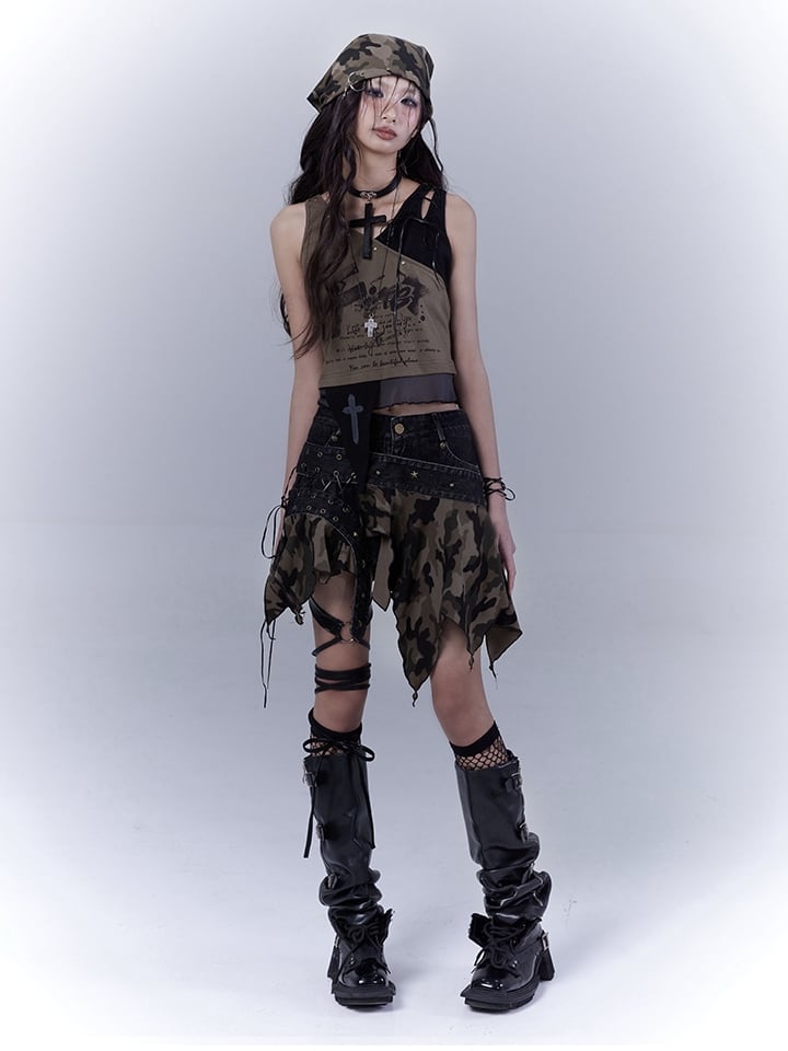 Taillen-Camouflage-Taschentuchsaum, tiefes Detail, Schnürung, Distressed-Denim-Skort
