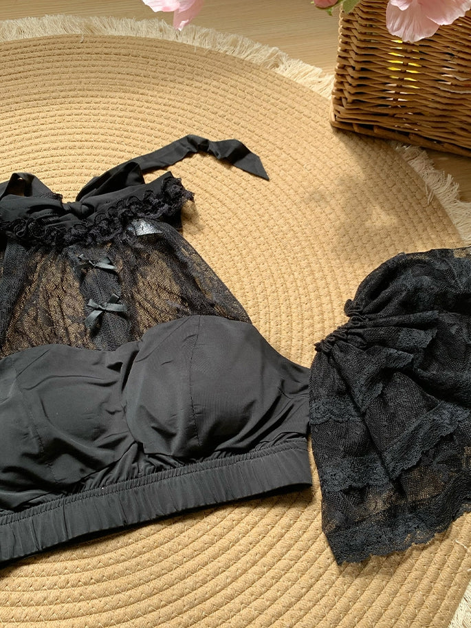 袖取り外し可能ホルターネックフリル付きレーストップス（ブラック）クロップド丈