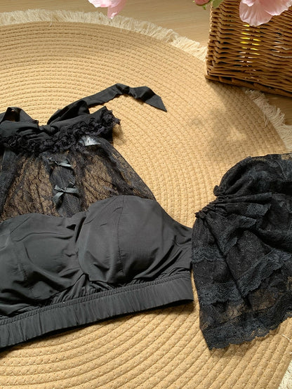 袖取り外し可能ホルターネックフリル付きレーストップス（ブラック）クロップド丈