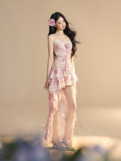 Ruffle Dress Slip Trim Cascading Gown Skirt Pink Tiered High-low