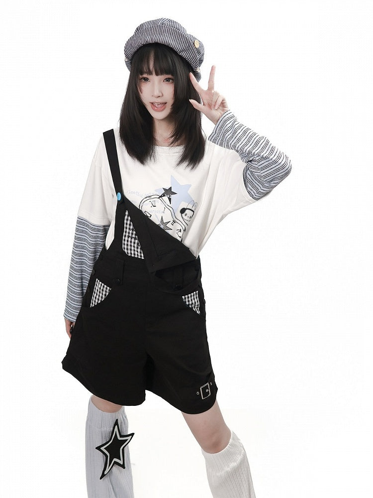 Daily Kawaii White Faux Two Piece Long Sleeve Tee with Graffiti Print & Striped Details - PINK SAVIOR