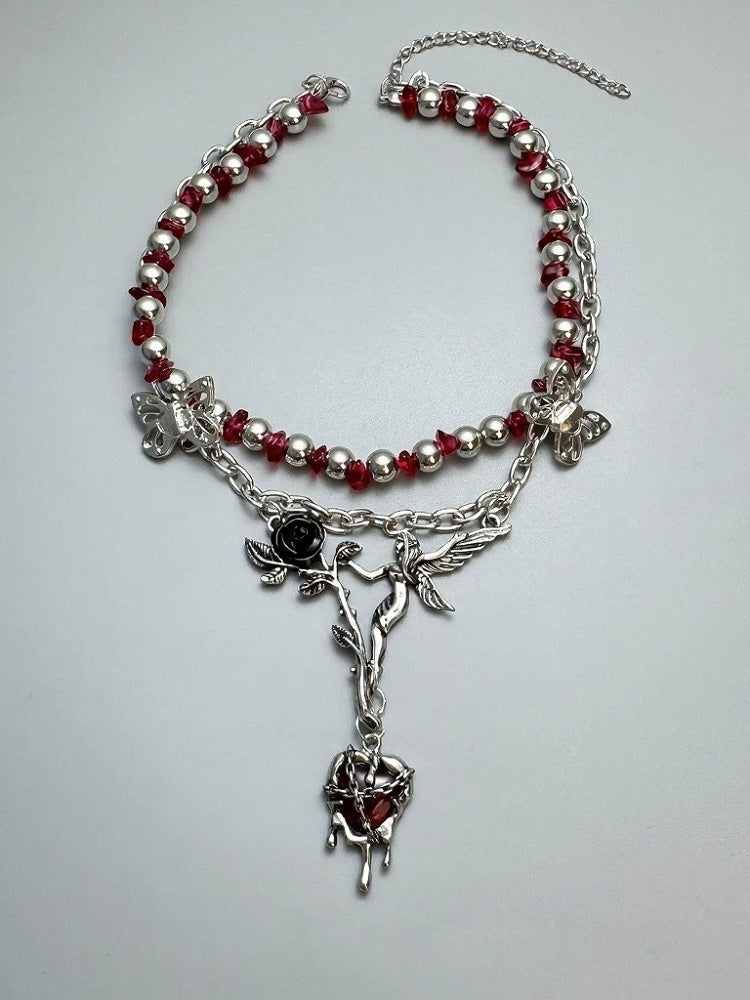 Layered Necklace with Rose and Red Heart Pendant - YSHXS