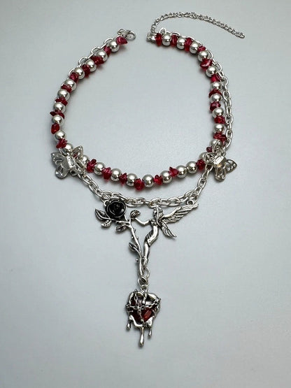 Layered Necklace with Rose and Red Heart Pendant - YSHXS