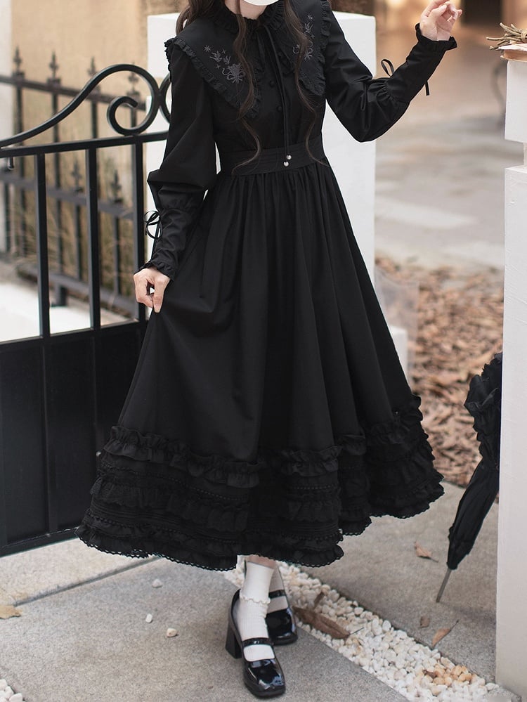 Floral Collar Vintage Cuffs Dress Lace-up Sleeves Leg-of-Mutton with Black Embroidery