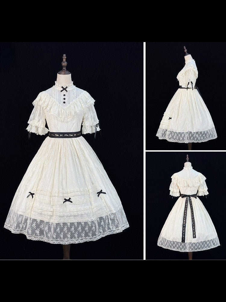 Two-Tone Beige and Black Lolita OP Gown with Edward Collar, Sheer Lace and Ribbon Trims - Miss Cube Dressworks