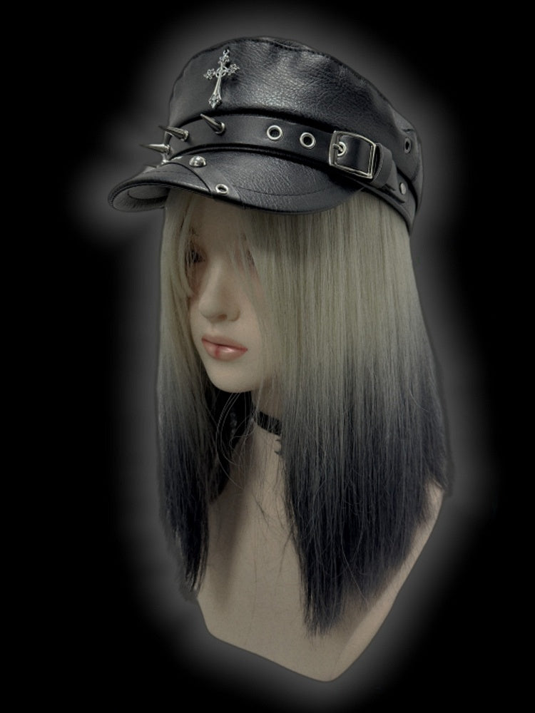 Y2K Schwarzes Kreuz Charm Schnallenriemen Nieten verziert Punk Baskenmütze