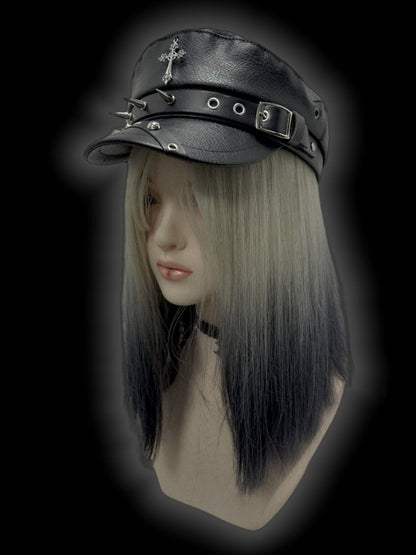 Y2K Schwarzes Kreuz Charm Schnallenriemen Nieten verziert Punk Baskenmütze
