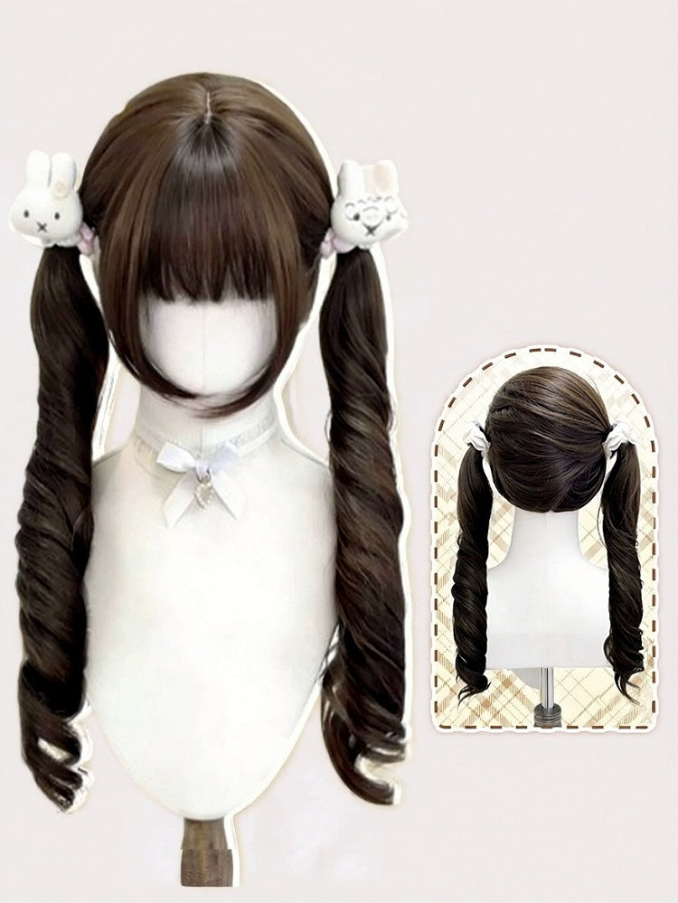 Brown 72cm Roman Curly Twin Tails Wig Full Bangs