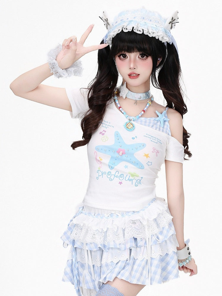 Blue Starfish Print Off-Shoulder Tee with Lace Hem - CRAZY GIRL