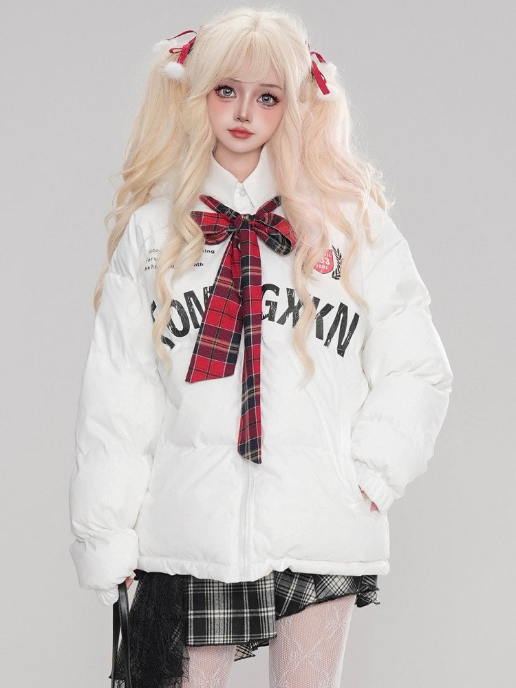 Schwarze/weiße Jacke mit Buchstaben-Print und selbstbindender Schleife und Kapuze