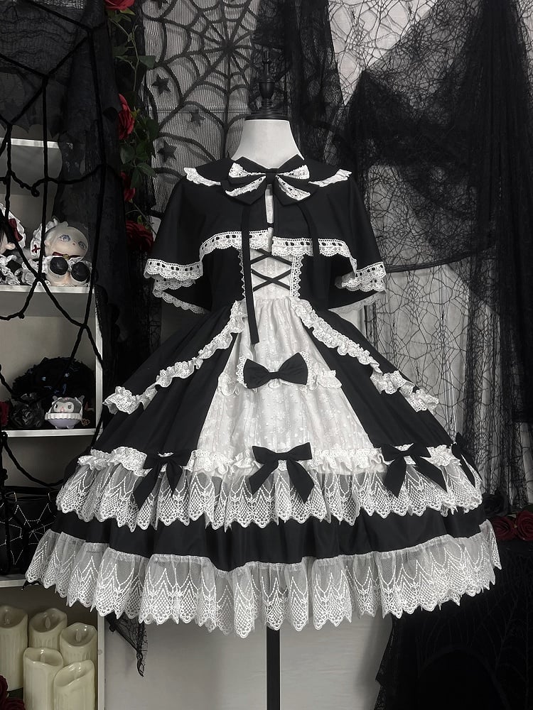 Schwarz-weißes Old School Lolita Fashion Kleid Bowknot Lolita JSK Set