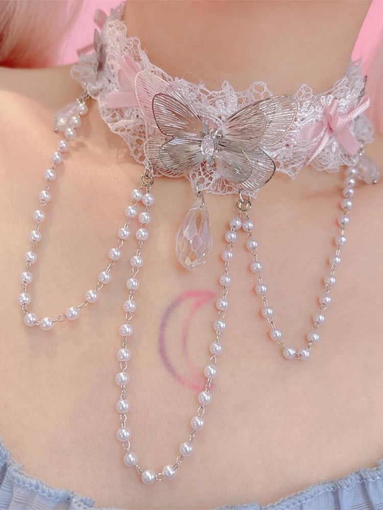 Choker mit Perlenkette, Spitzenrüschenbesatz und Schleifendetails