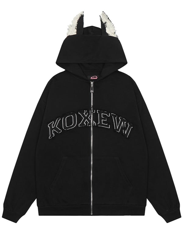 And Applique Puppy Hoodie Black Letter Fleece With Ears Print