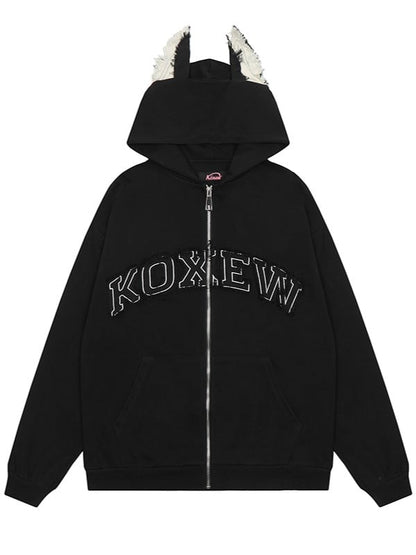 And Applique Puppy Hoodie Black Letter Fleece With Ears Print