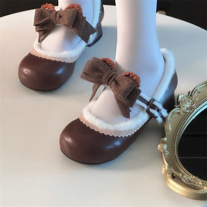 Chocolate Regular/Thicken Scalloped with Version - Sweet Bear-themed Lolita Trim Low/Mid Bow Removable Ornate Heels