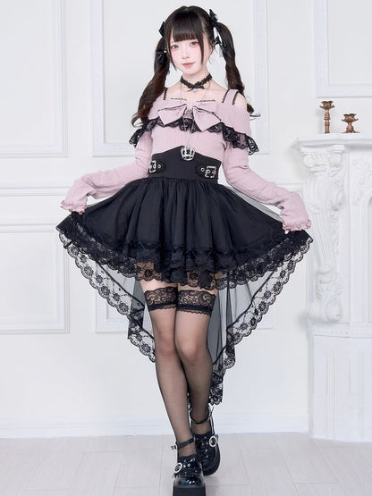 Kei Off-Shoulder Jirai Black High-Low Pink Dress: Skirt Two-Piece Faux Hem
