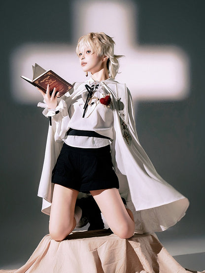 Shirt + Stoles Shorts Set Fashion Lolita Ouji Hooded Cape Nun Full Long White Sleeves - Black