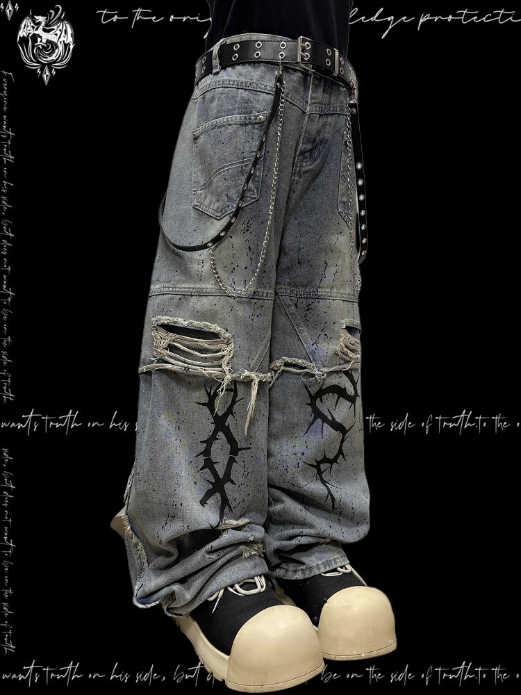 and Jeans with Holes Print Wasteland Blue Distressed Y2K Straight-Leg Graphic