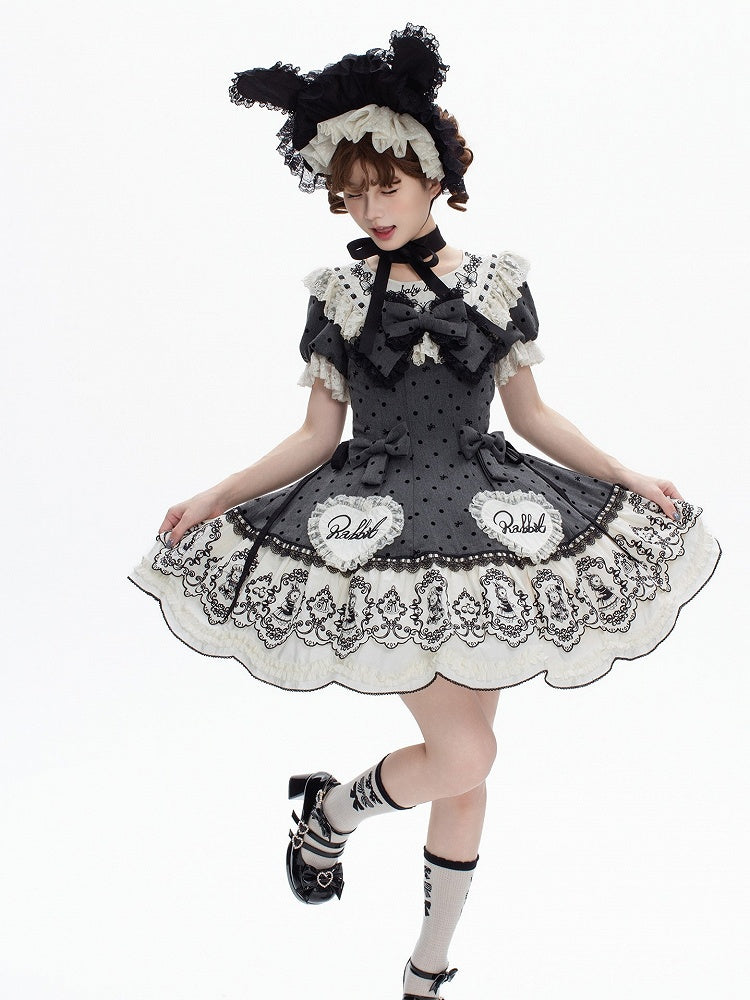 Gray Dot Sweet Lace-Trimmed Pattern Rabbit Dress Appliques with Polka Lolita Sweetheart