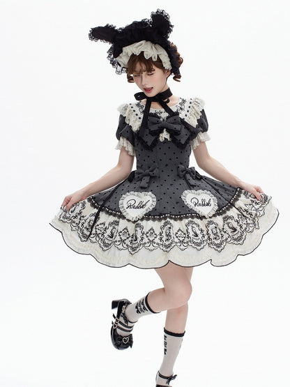 Gray Dot Sweet Lace-Trimmed Pattern Rabbit Dress Appliques with Polka Lolita Sweetheart