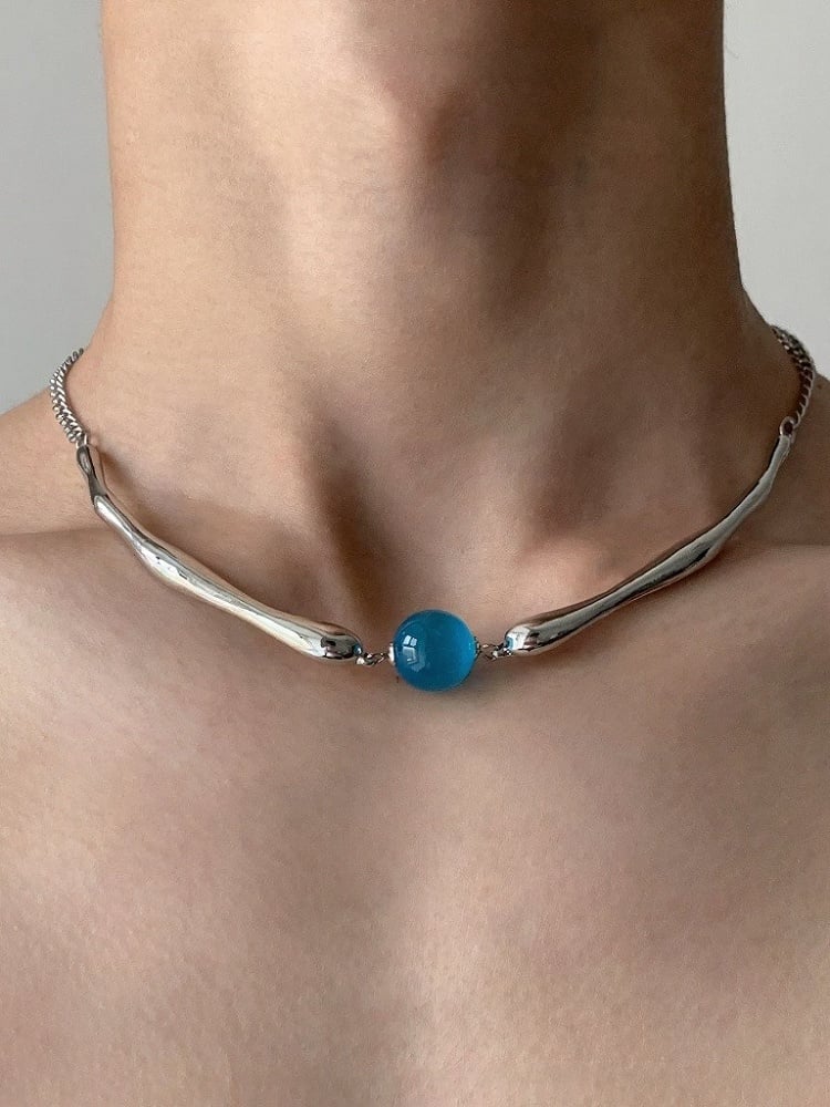 Punk Style Silver Necklace with Azure Bead Detail - YSHXS