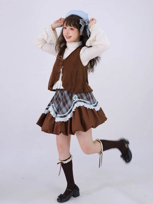 Brown + Bubble Set Knit Lolita Top Blue Plaid Skirt Waistcoat Sweet