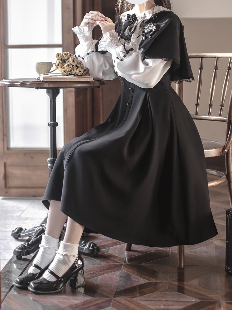 Black Elegant White Vintage Classic with Cape and Dress Lolita Detachable