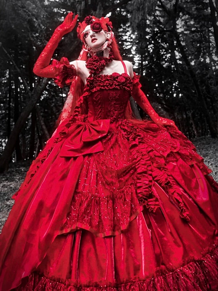 Hanayome Taillenstäbchen Bodenkorsett Länge Kleid Hime Kleid Rot Ball Lolita