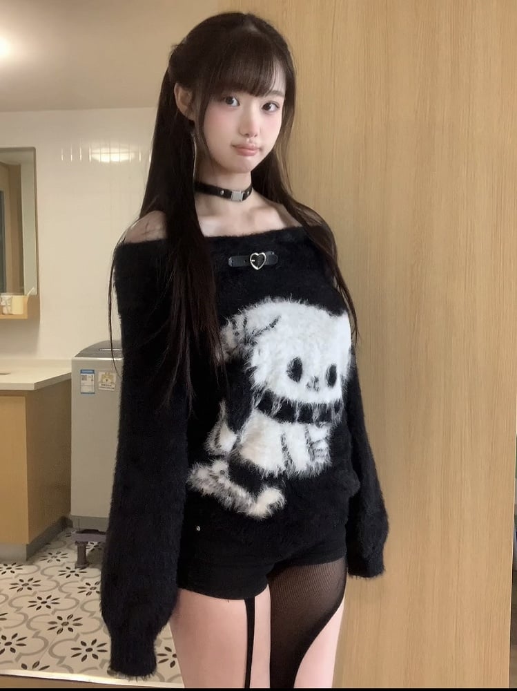 Off-Shoulder Plush Puppy Sweater with Sweetheart Buckle Adorable Black