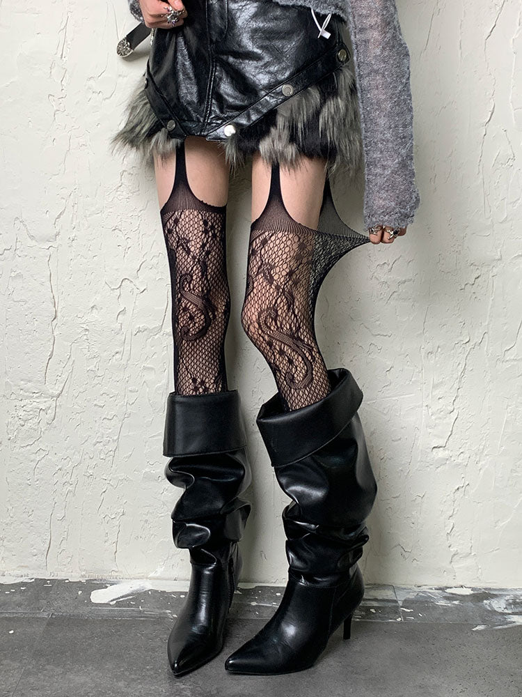 ダークゴシックブラックパンクホローアウトサスペンダータイツ