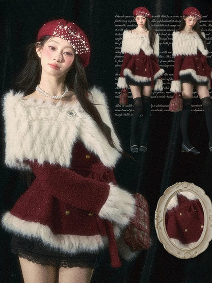 Eleganter Mantel mit schulterfreiem Ausschnitt in Weihnachtsrot/Weiß und abnehmbarem Plüschschal