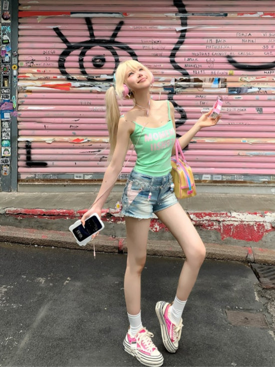 キャミトップ グリーンレタープリント グラマラス