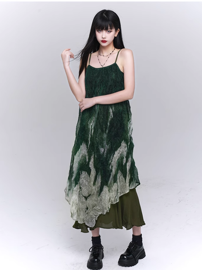 Gradient Green Asymmetrical Hem Ruffled Spaghetti Strap Dress