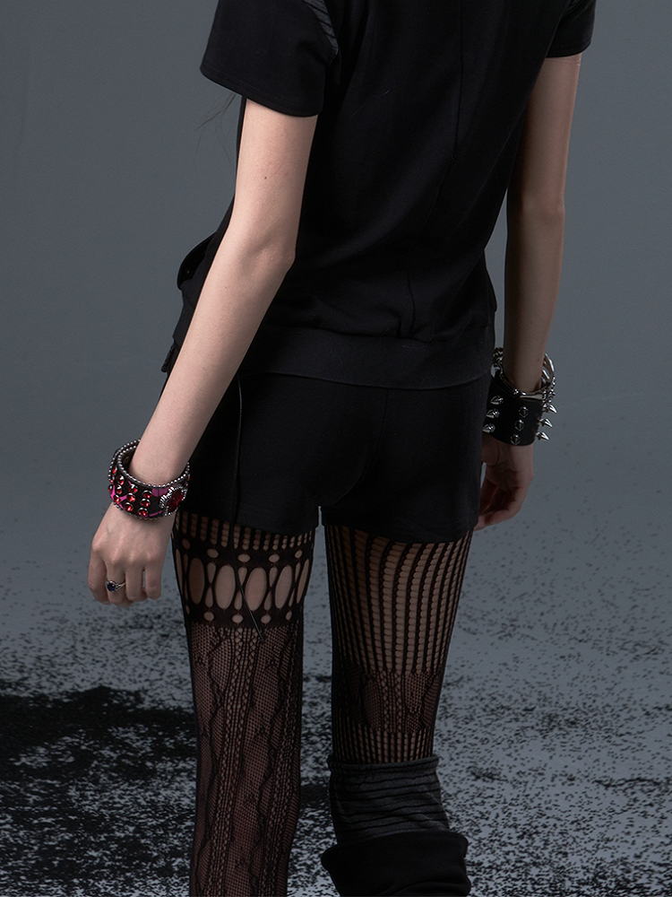 Low-Rise Black Punk Knit Shorts With Vintage Star Stripes  Hand-Sewn Details