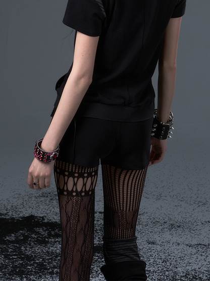 Low-Rise Black Punk Knit Shorts With Vintage Star Stripes  Hand-Sewn Details