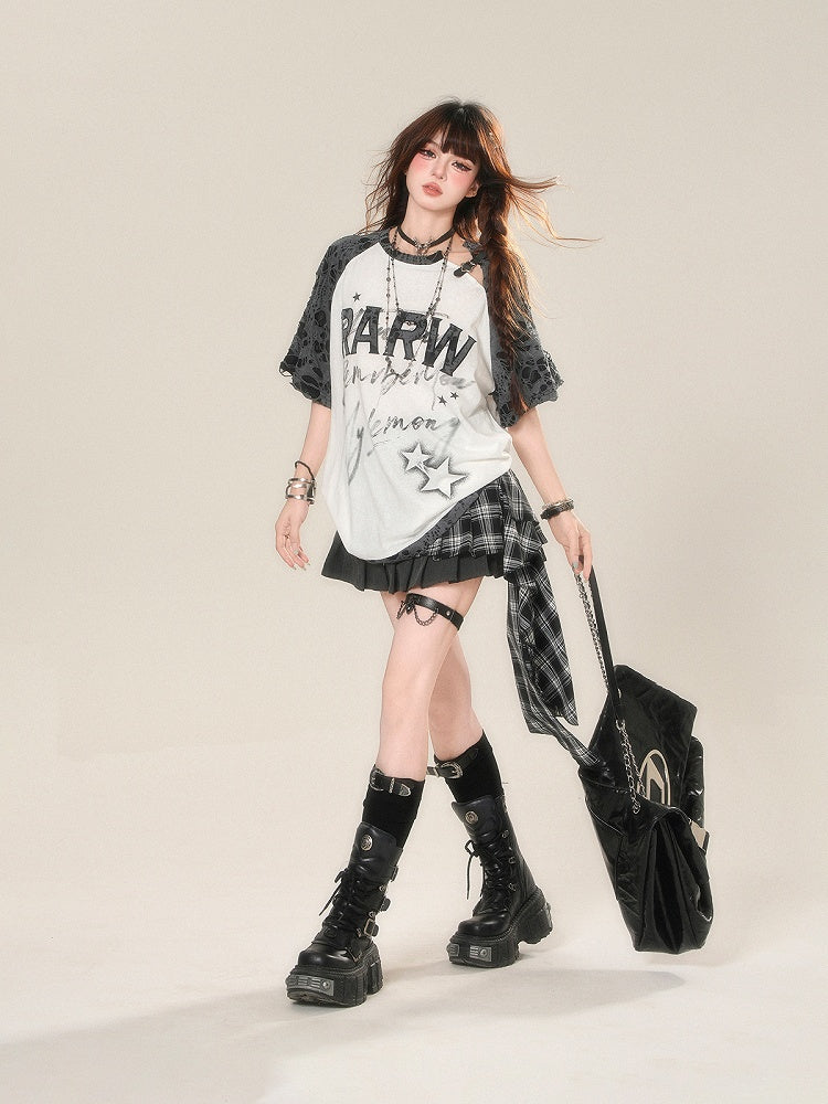 Design Distressed Holes and Black White Colorblock Embroidered T-Shirt