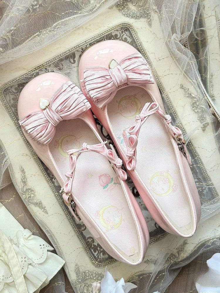 and - Delicate Heart for Lolita Design Sweet Heel Embellishments Leather Mid Bow Toe Round with Shoes PU