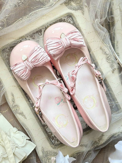 and - Delicate Heart for Lolita Design Sweet Heel Embellishments Leather Mid Bow Toe Round with Shoes PU