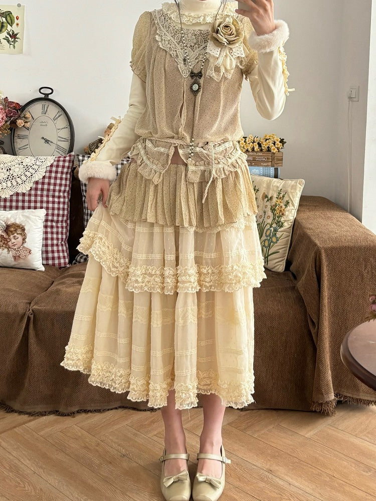 Beige Layered Polka-Dot Lace Skirt - Hana Studio