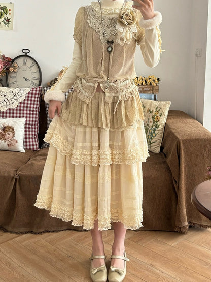 Beige Layered Polka-Dot Lace Skirt - Hana Studio