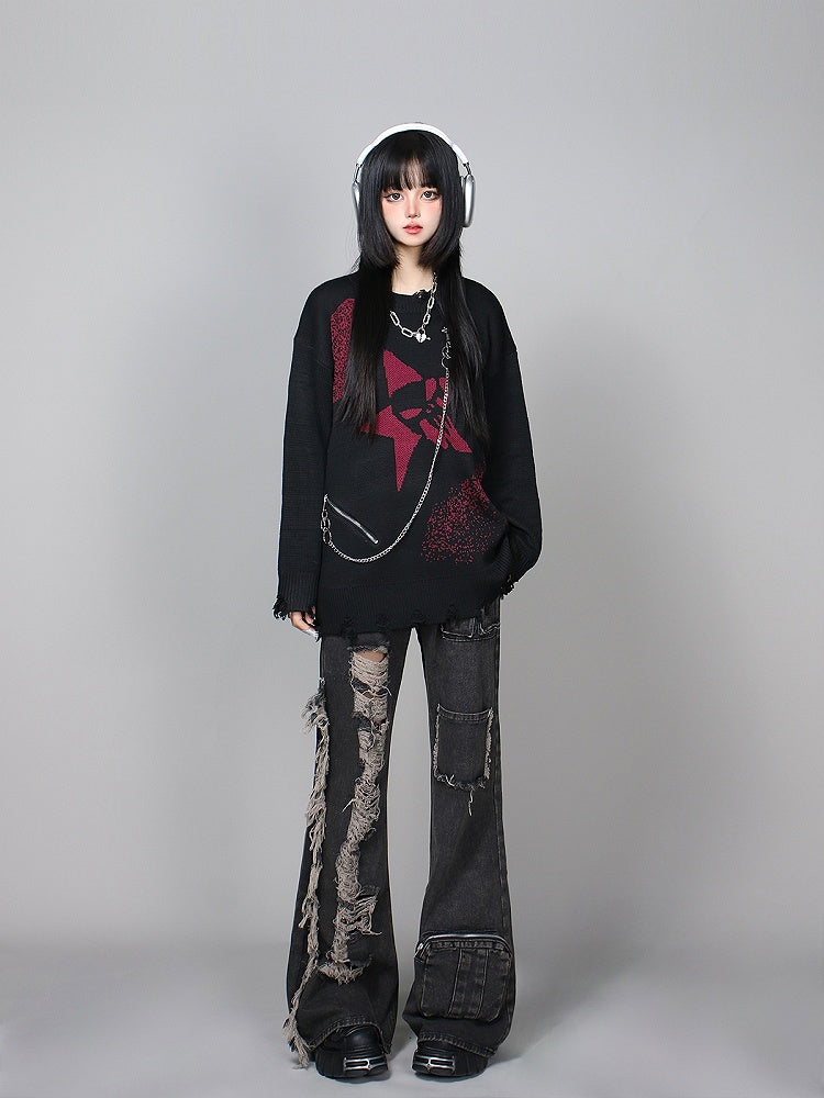 and Black/Gray Distressed Knit Sweater with Zipper Chain Detail