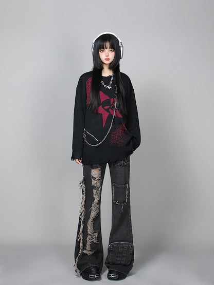 and Black/Gray Distressed Knit Sweater with Zipper Chain Detail