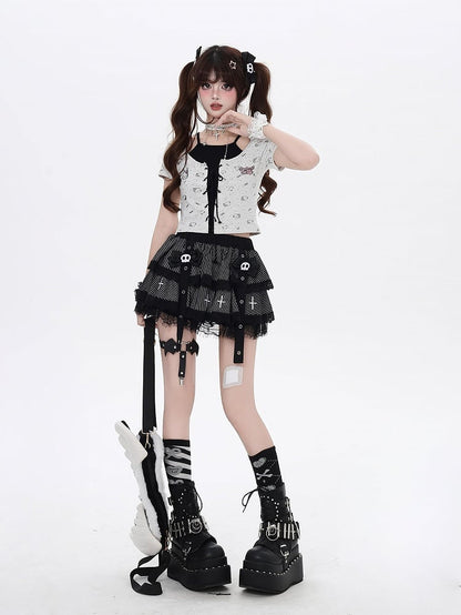 Tiered Skirt with Black Stripes Lace Trim Punk Lined Bow Clips Skeleton