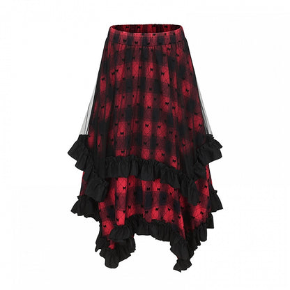 Y2K Red Plaid Pattern Asymmetrical Ruffled Hem Skirt