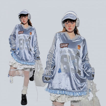 Print Number Long/Short Sleeve and Sports with V-Neck Top Cute Patchwork Blue