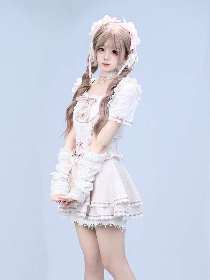 Pink Gingham Ryousangata Overall Skort with Bow Lace Details - Broken Bear