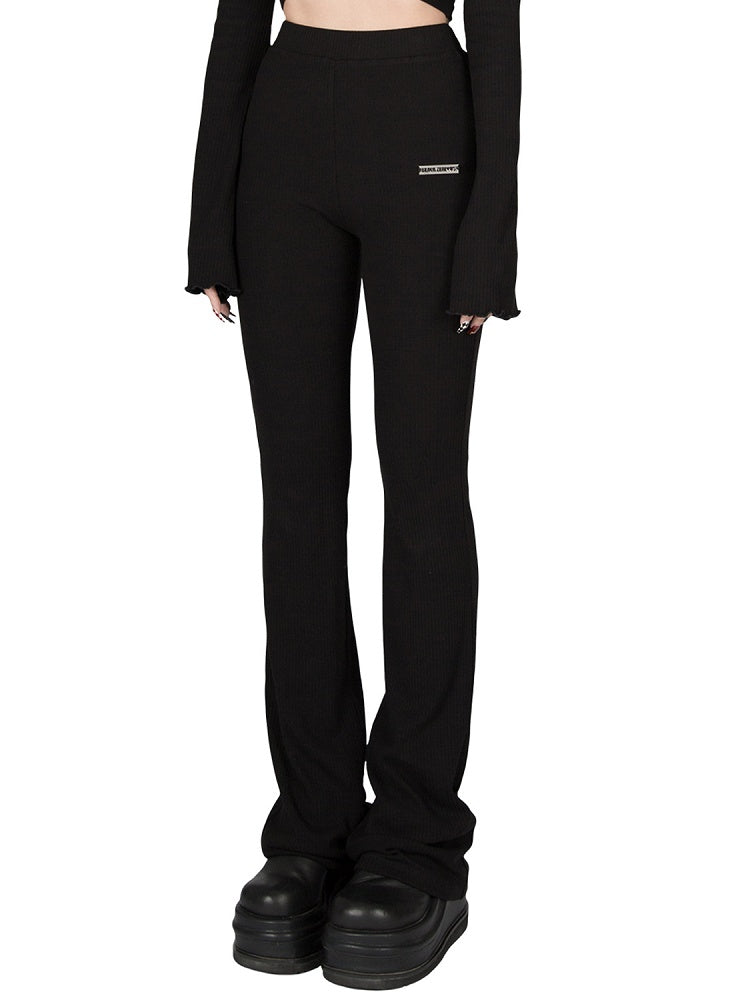 Knit Pants Stretchy High-Waisted - Flared Figure-Flattering Black