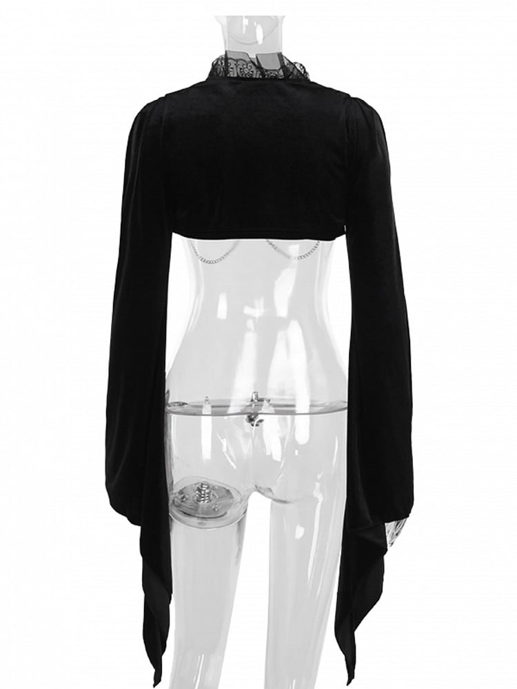 Gothic Trim Sleeve Detail Bell Black Shrug Chain Gem Halloween Lace with