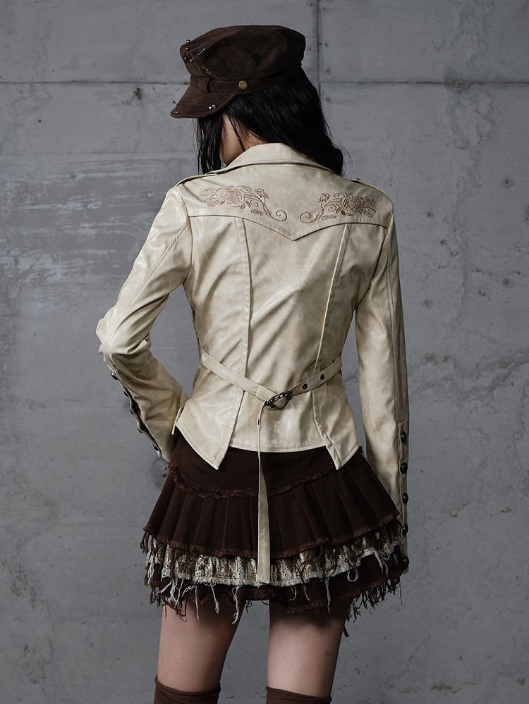 Gelbe Gürtelrose-Jacke mit Punk-Schnallenstickerei, kurz geschnitten, Khaki