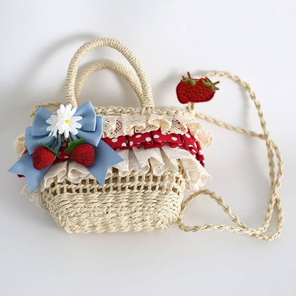 Strawberry Red Crochet Blue Bag Details Crossbody with